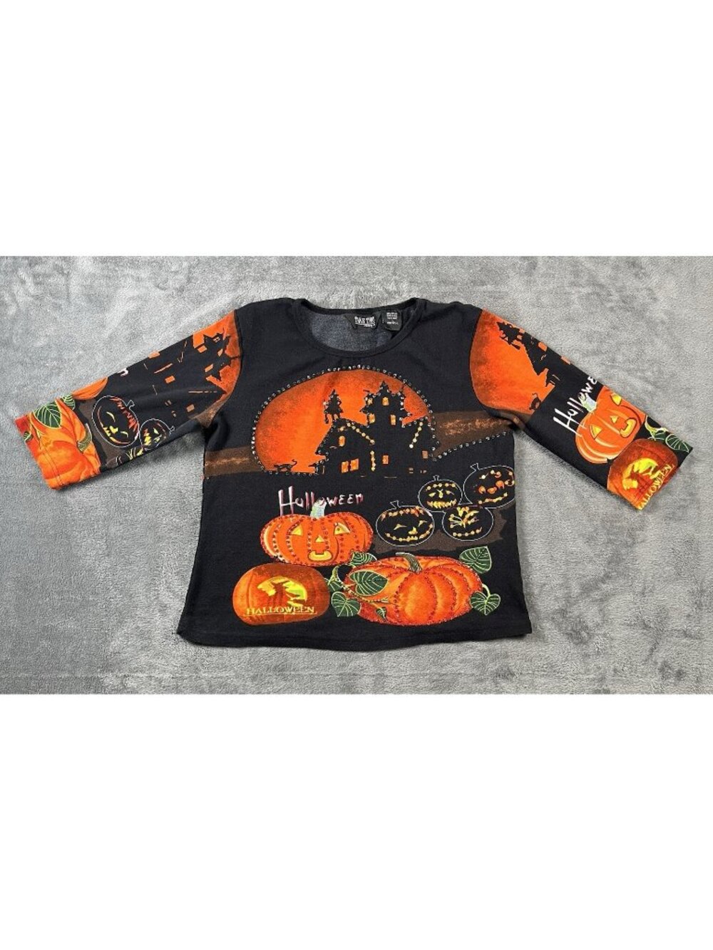 TAKE TWO Halloween Sequins Shirt Women’s Large Pumpkins Witch Haunted House